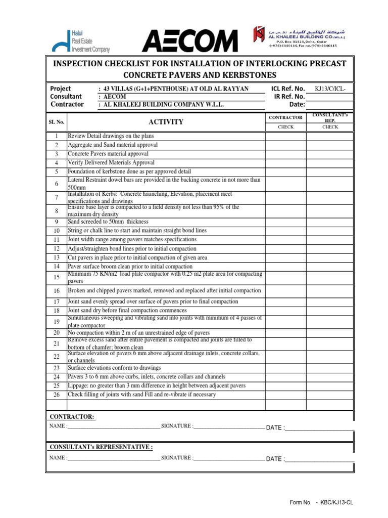 Inspection Checklist For Installation Of Interlocking Precast Concrete ...