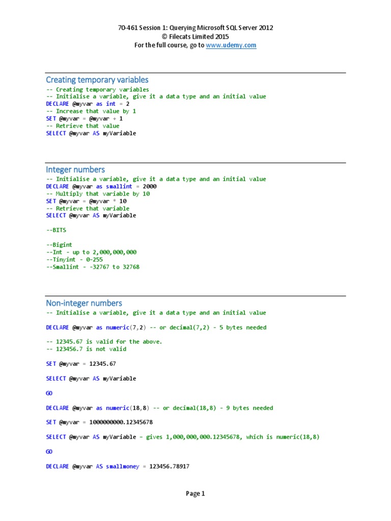 Creating Temporary Variables | PDF | Microsoft Sql Server | Data Type