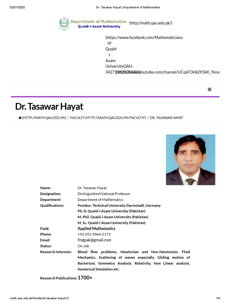 Dr. Tasawar Hayat: Mathematics Expert | PDF | Mechanics | Teaching ...