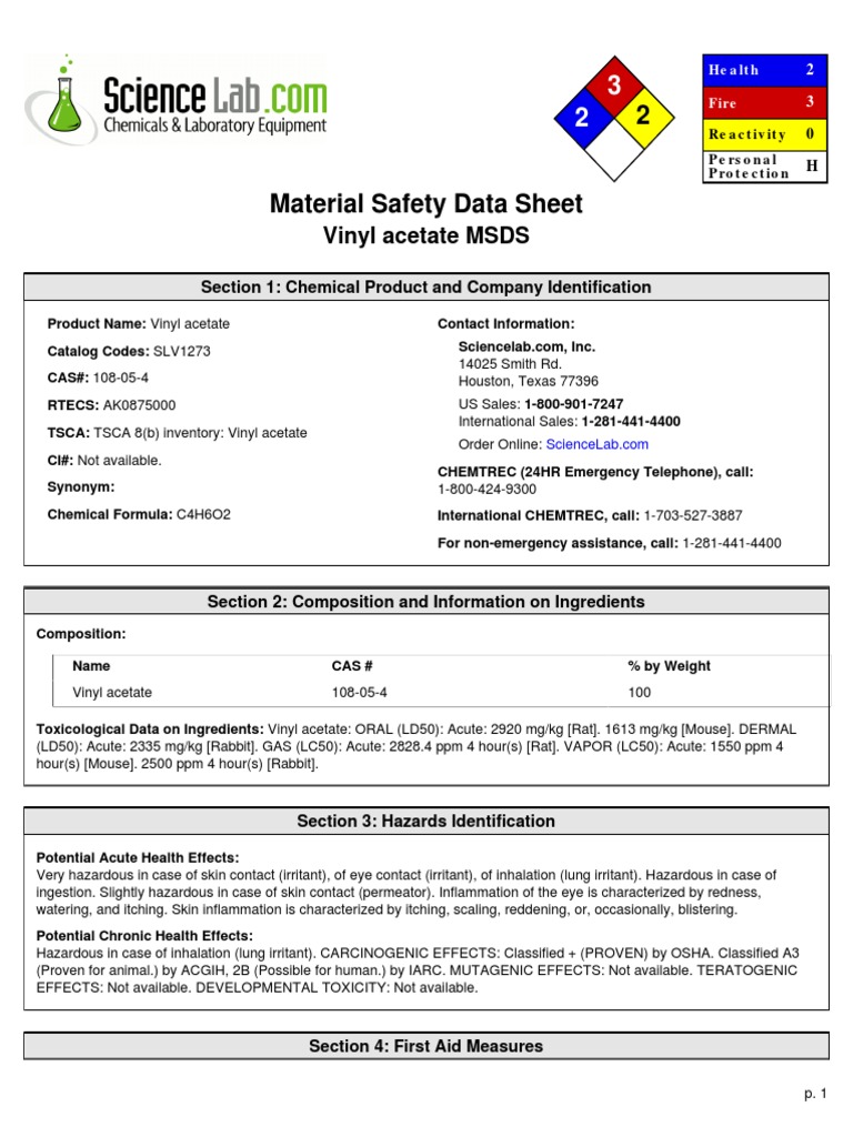 Vinyl Acetate MSDS Section 1 Chemical Product and Company