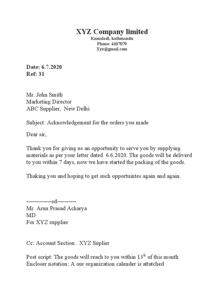 Acknowledgment of Order from XYZ Company | PDF