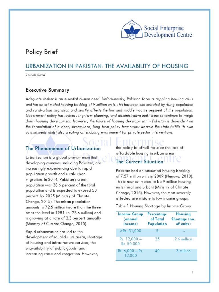 Urbanization in Pakistan The Availability of Housing | PDF | Economies ...