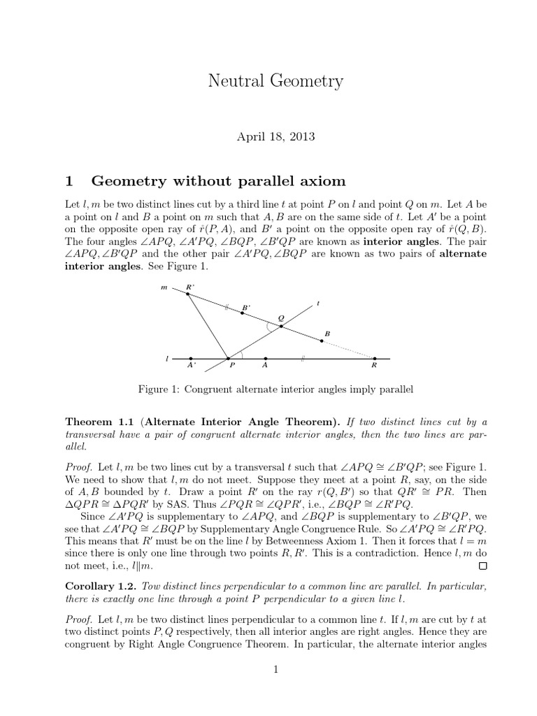 Neutral Geometry: 1 Geometry Without Parallel Axiom | PDF | Triangle ...