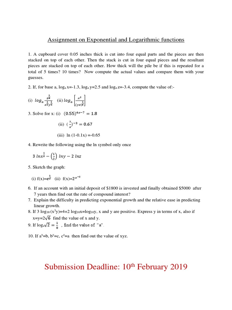 Exponential and Logarithmic Functions Assignment | PDF | Teaching ...