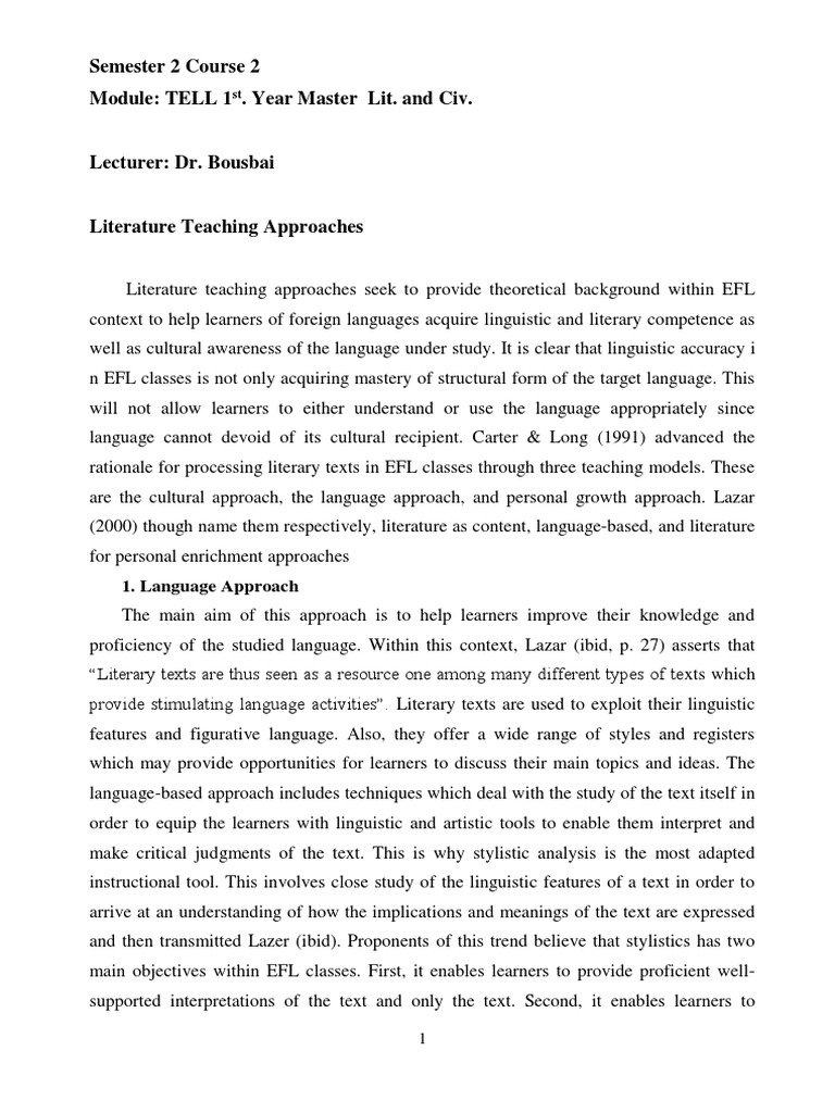 Literature Teaching Approaches in EFL | PDF | English As A Second Or ...