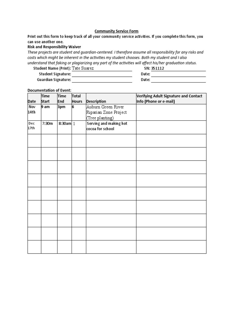Community Service Tracking Form | PDF