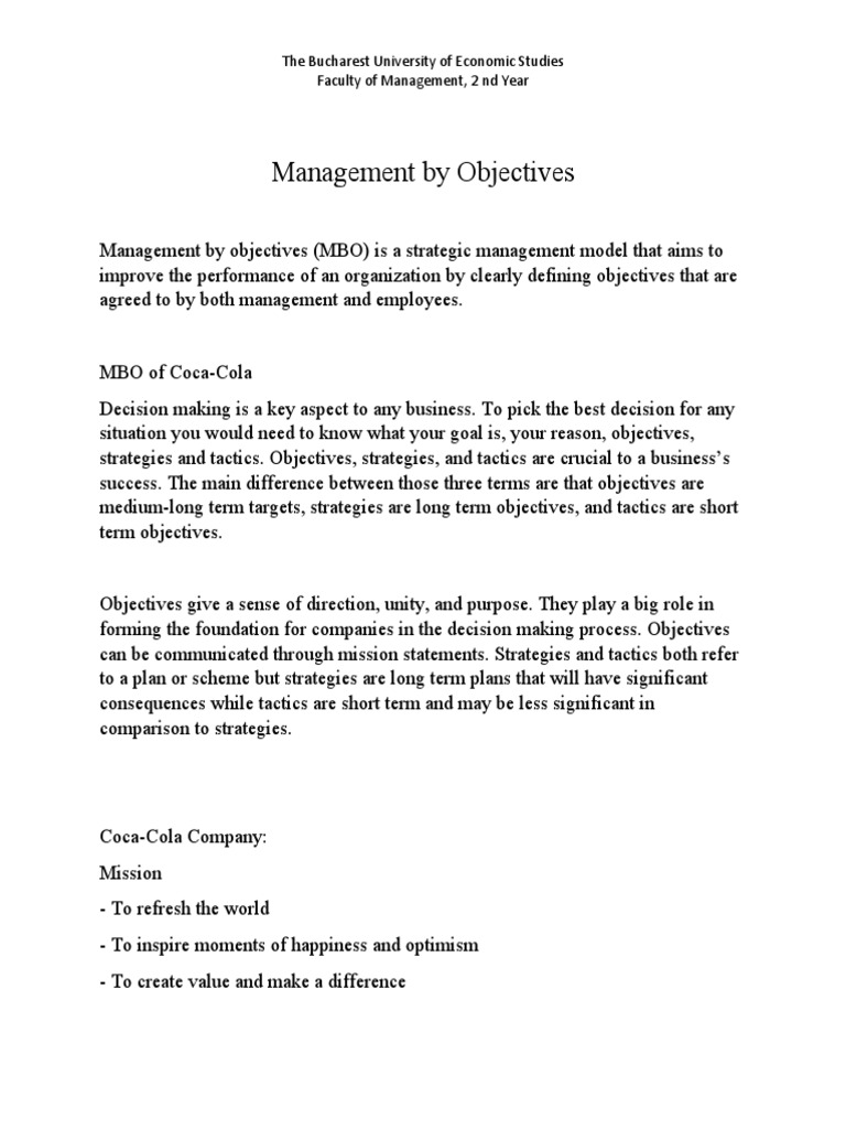 Management by Objectives at CocaCola PDF The Coca Cola Company Brand