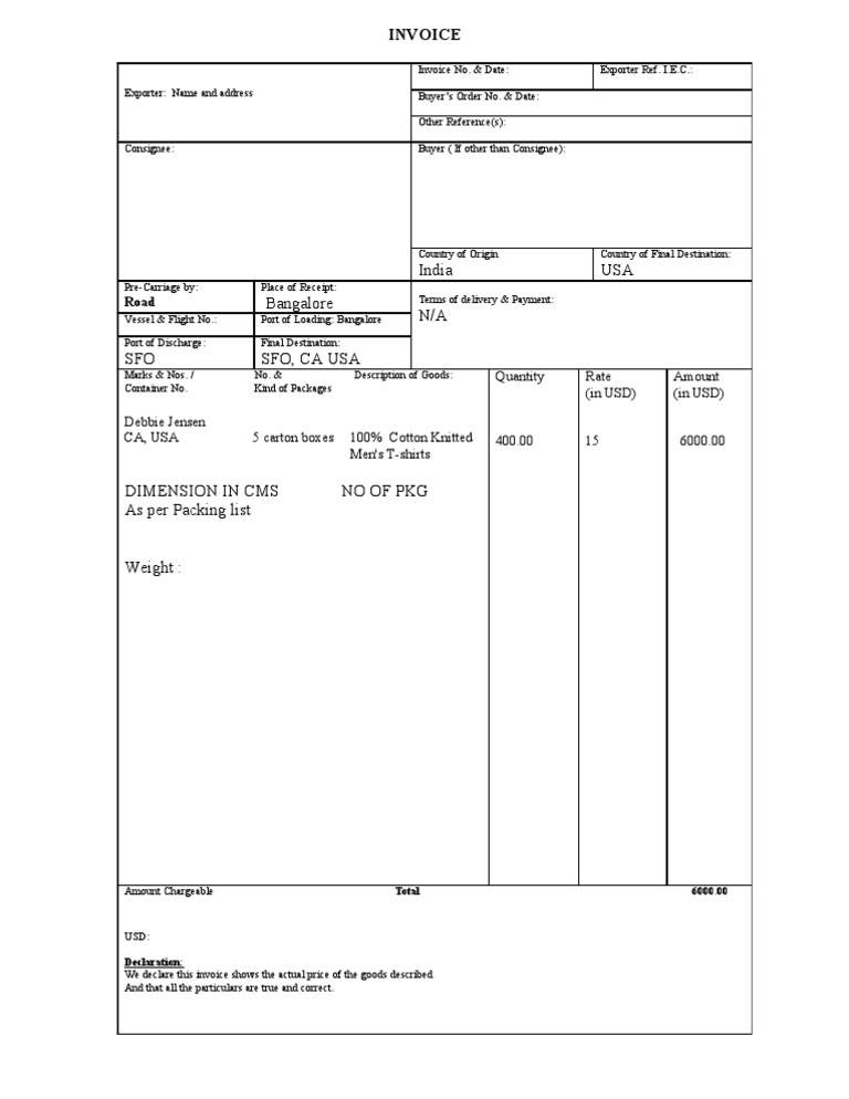 US Export Invoice Template | PDF