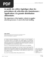 Le Poids Du Critère Logistique Dans Les Procédures de Sélection Des Fournis...
