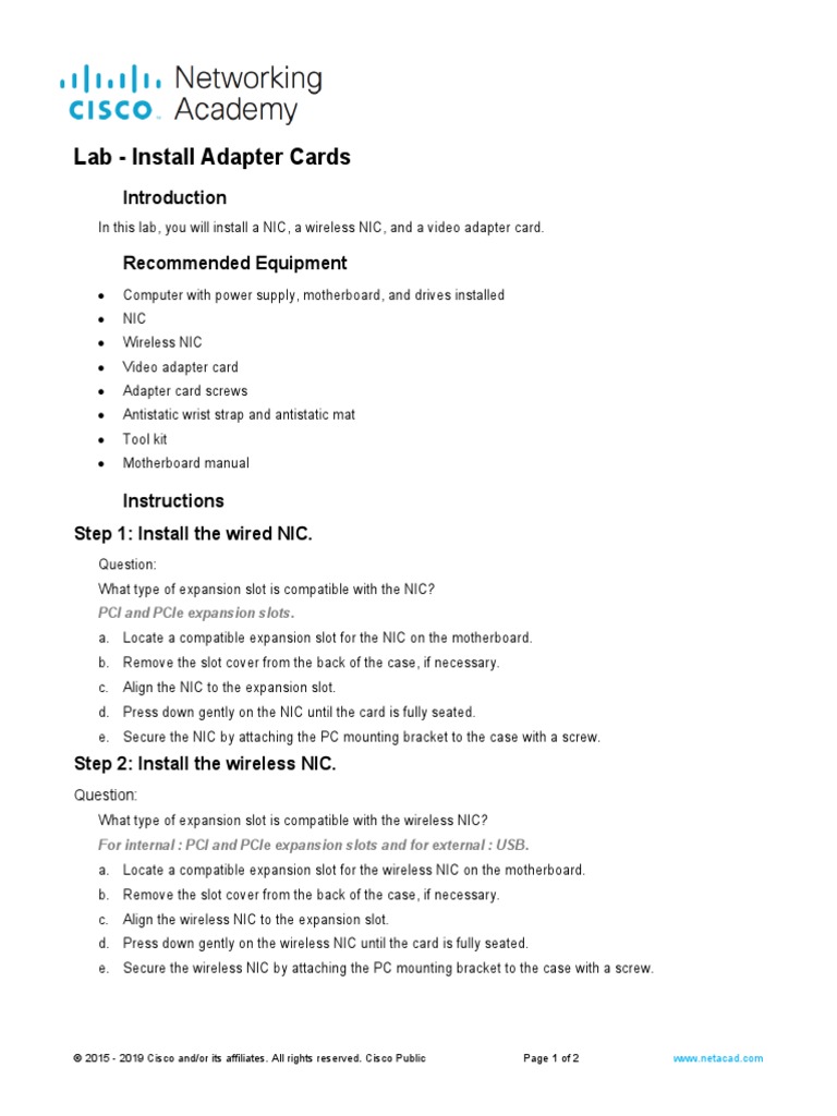 2.1.5.6 Lab - Install Adapter Cards | PDF