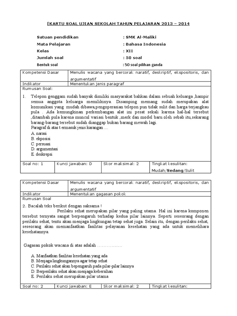 Kartu Soal Paket 1 Doc