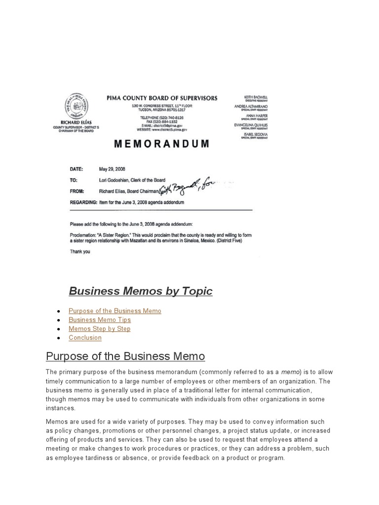 Business Memos by Topic: Purpose of The Business Memo | PDF ...