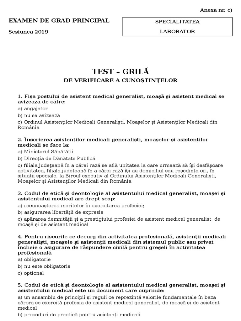 2019 Grad Principal 06 Test Grila Laborator | PDF
