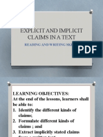 Explicit and Implicit Claims in A Text: Reading and Writing Skills