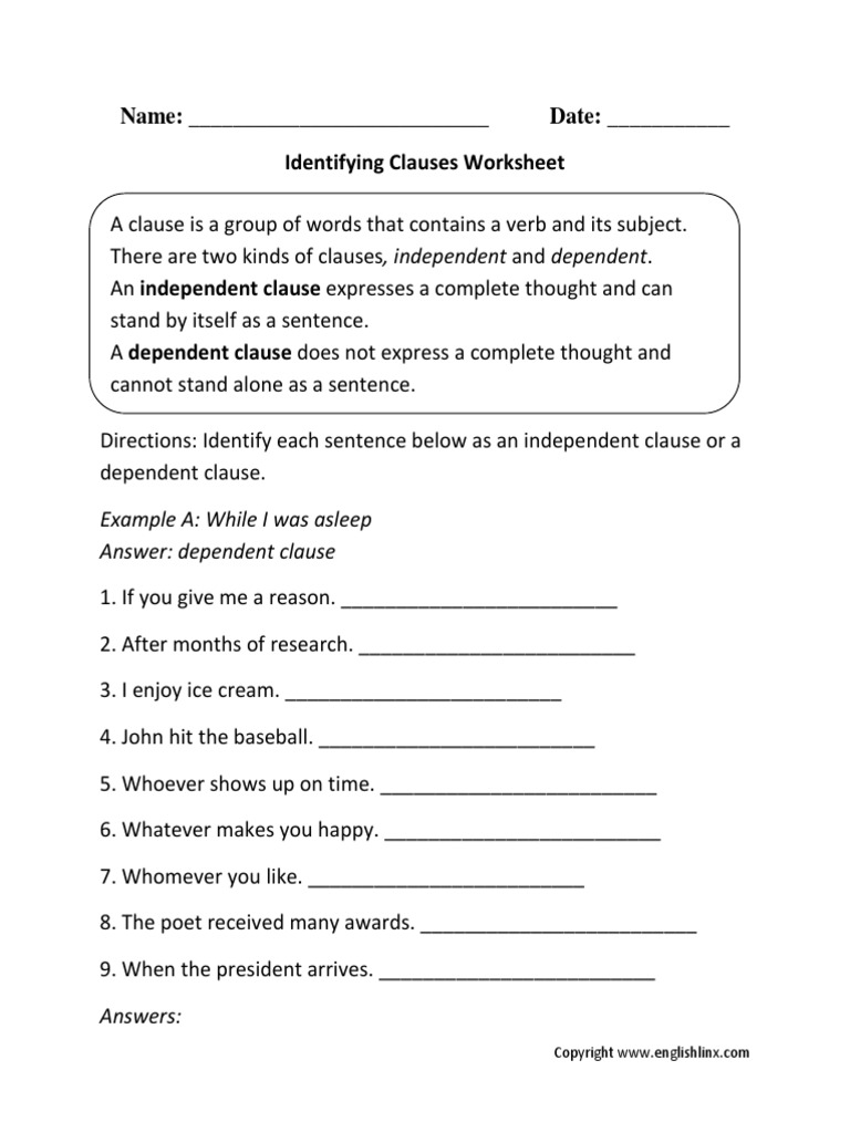 Identifying Clauses Worksheet Pertaining To Independent And Dependent Clauses Worksheet
