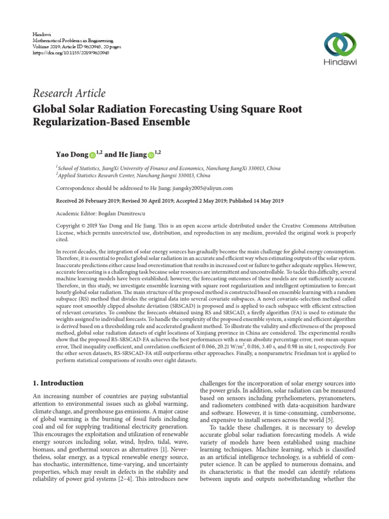 Research Article: Global Solar Radiation Forecasting Using Square Root ...