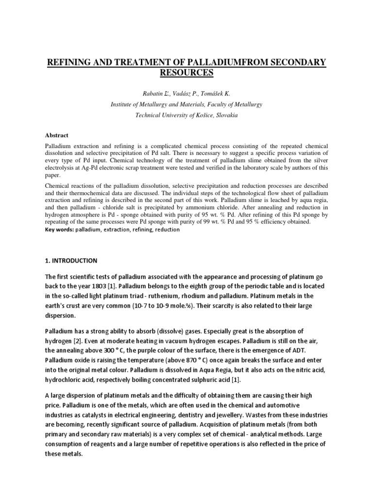 Refining And Treatment Of Palladium From Secondary Resources Pdf
