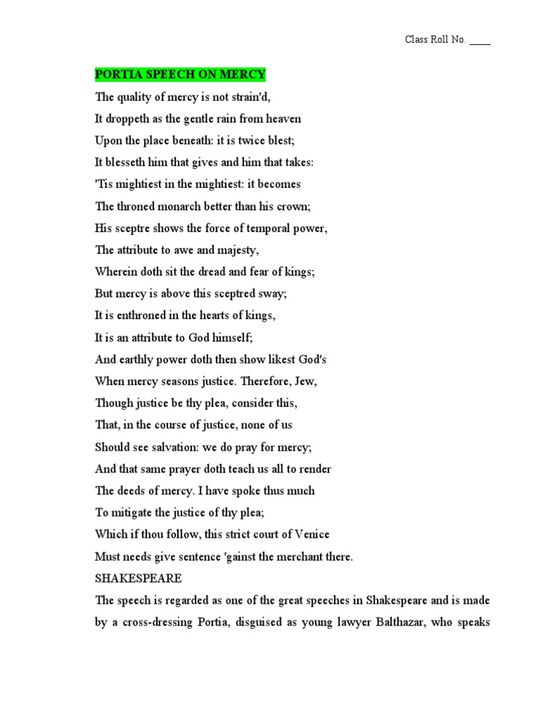 PORTIA SPEECH ON MERCY English | PDF | The Merchant Of Venice | Shylock