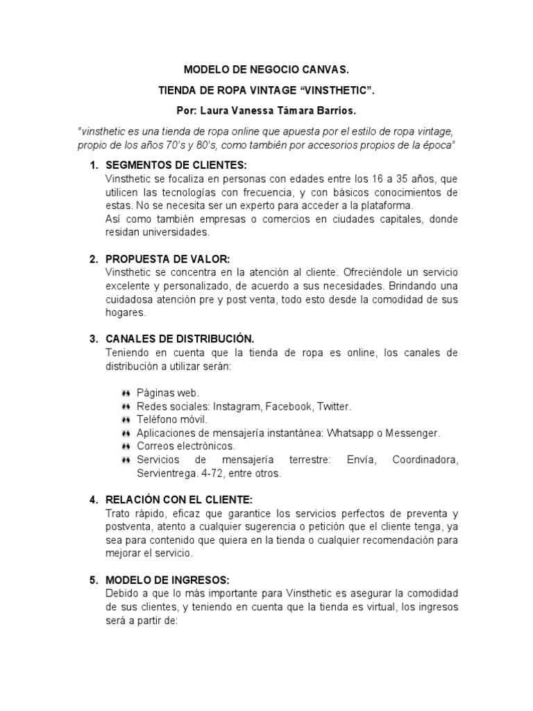 MODELO DE NEGOCIO CANVAS Ejemplo Tienda de Ropa | PDF | Marketing |  Economias