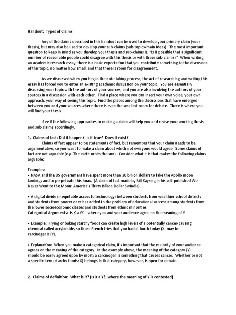 Types of Claims for Thesis Development | PDF | Thesis | Argument