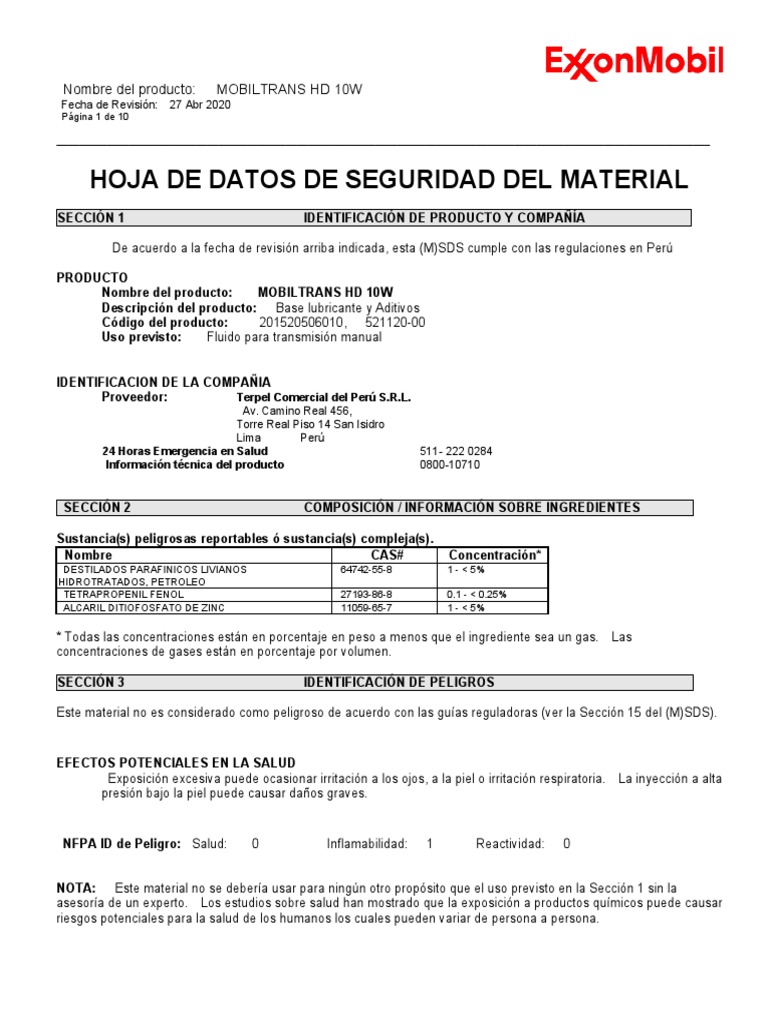 Mobiltrans HD 10W PDF | PDF | Agua | Seguridad y salud ocupacional