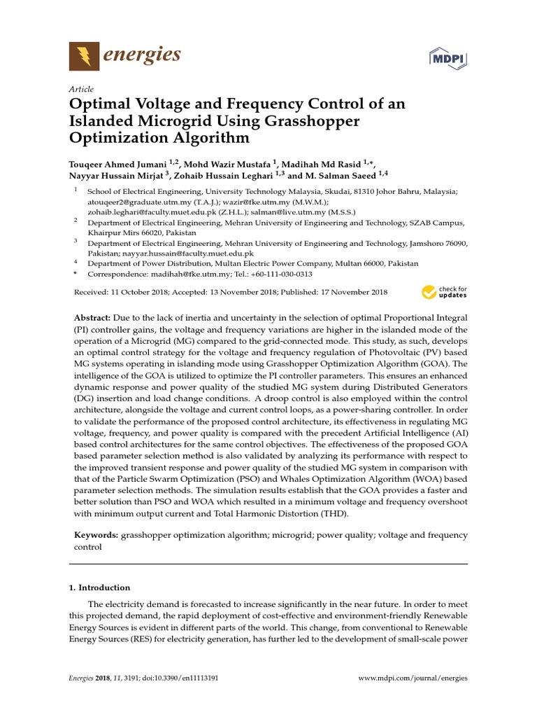 Energies: Optimal Voltage and Frequency Control of An Islanded ...