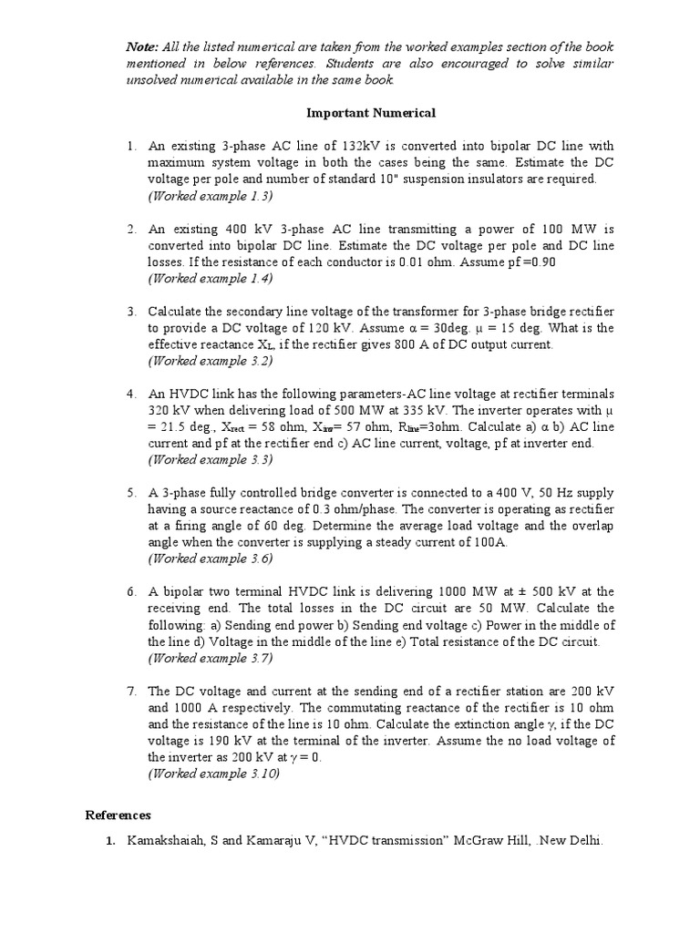 Important Numericals PDF High Voltage Direct Current Rectifier