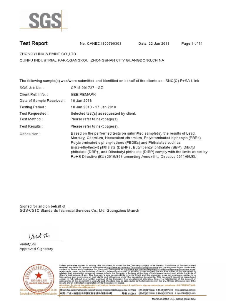 SGS Test Report for SNC(C)-P+SA-L Ink | PDF | Chromium | Polycyclic ...