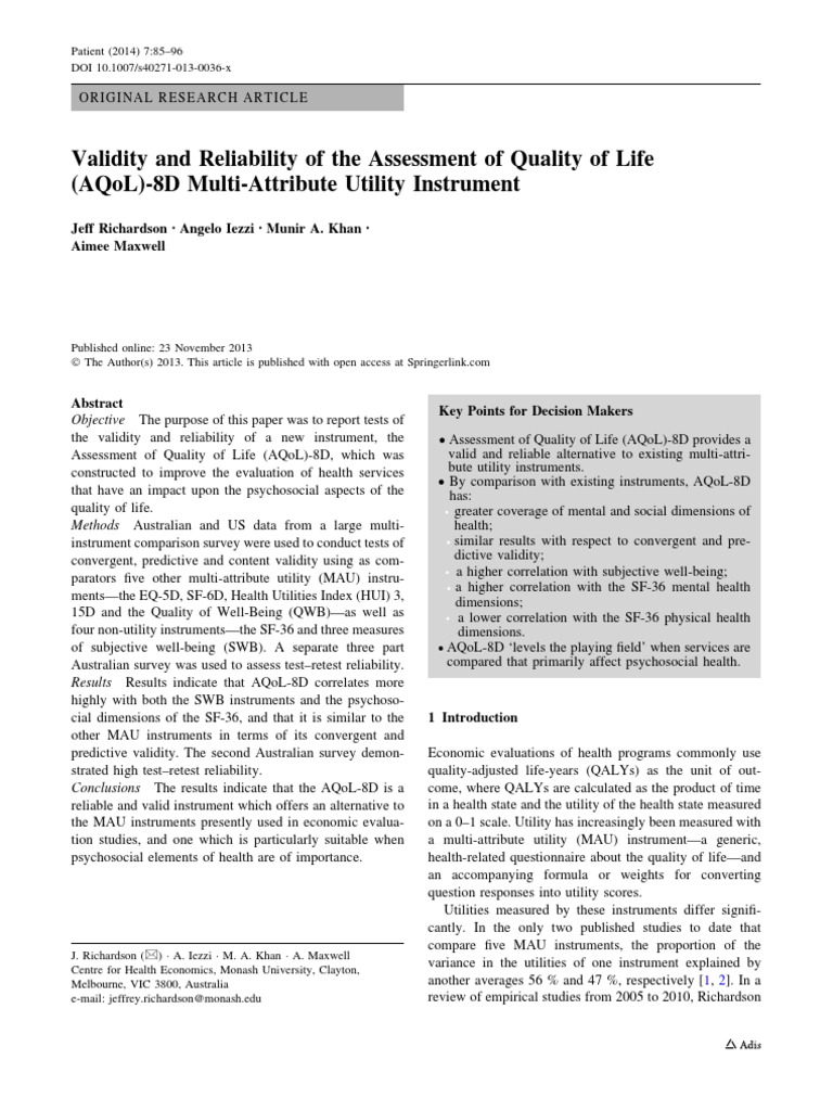 Validity and Reliability of the AQoL8D MultiAttribute Utility