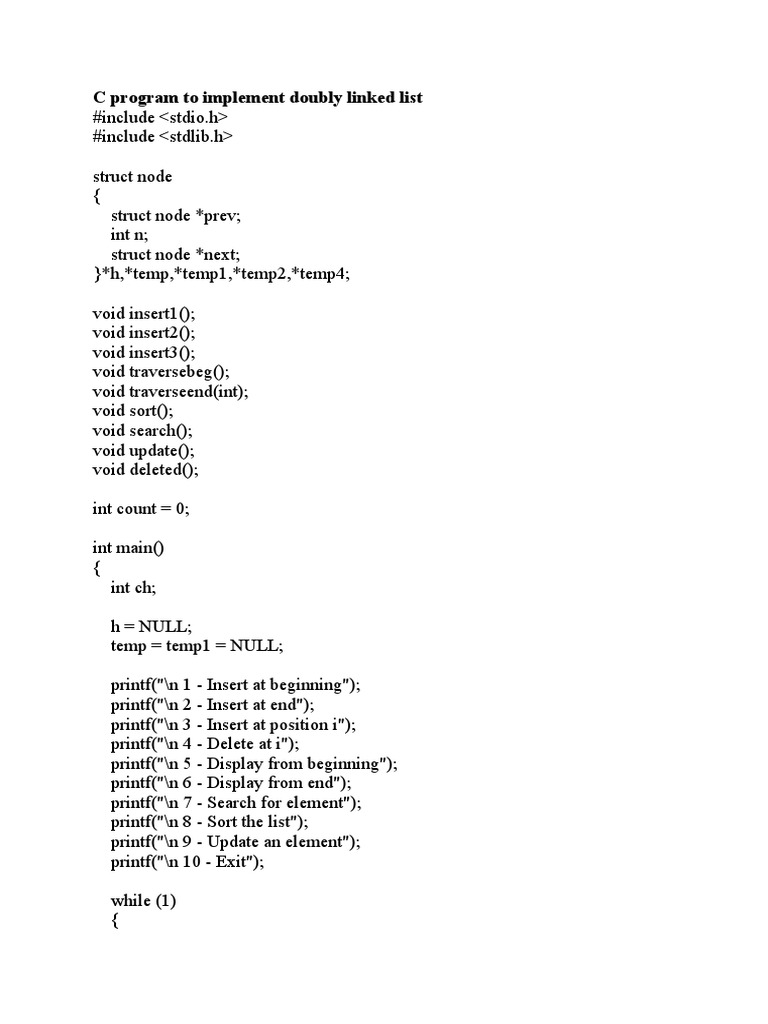 C Program To Implement Doubly Linked List | PDF | Computer Data | Data ...