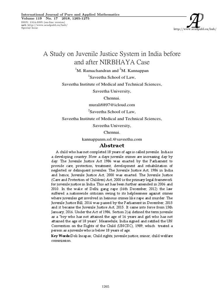 A Study On Juvenile Justice System in India Before and After NIRBHAYA ...