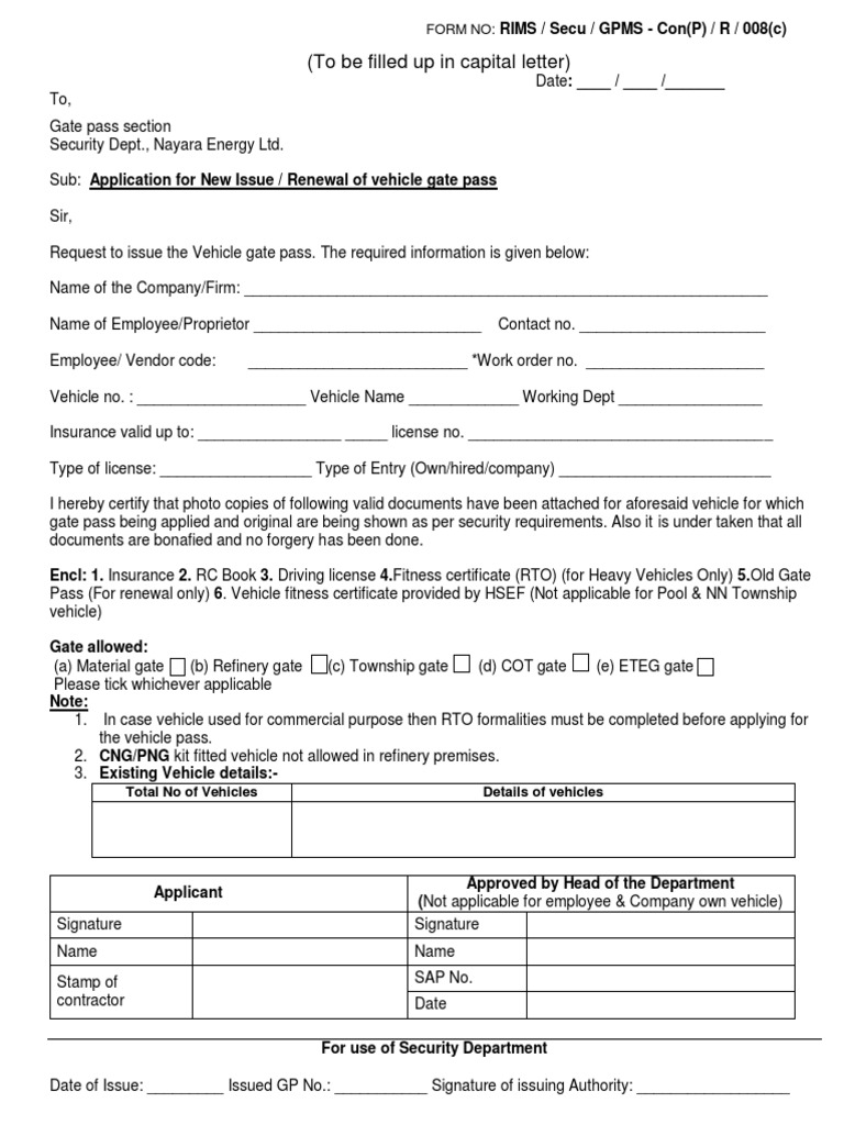 Vehicle Gate Pass Format Pdf Vehicles Government