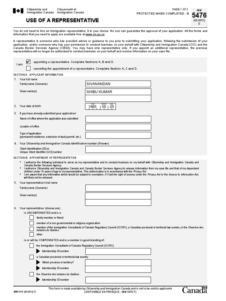 IMM 5476: Appointment of Representative Form | PDF | Government ...