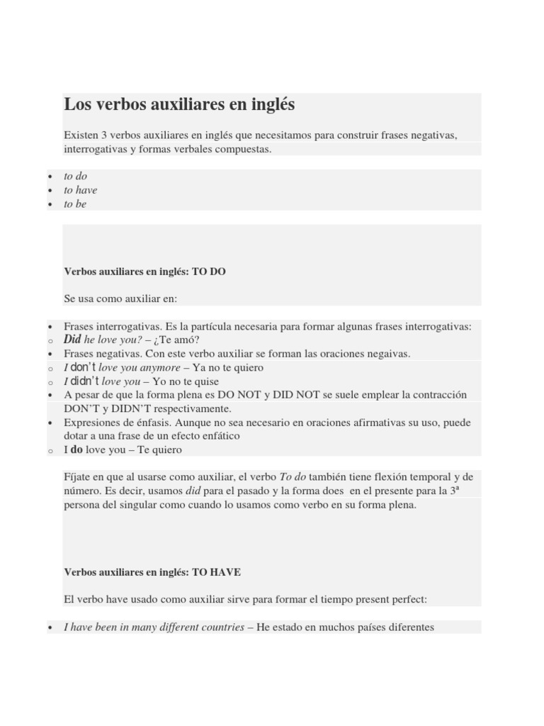 Los Verbos Auxiliares en Inglés | PDF | Verbo | Conjugación gramatical