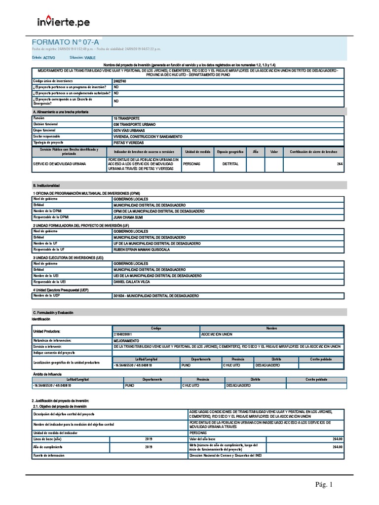 Formato 7A - Ficha Tec PIP Mej Vias Asoc Union PDF | PDF | Valor ...