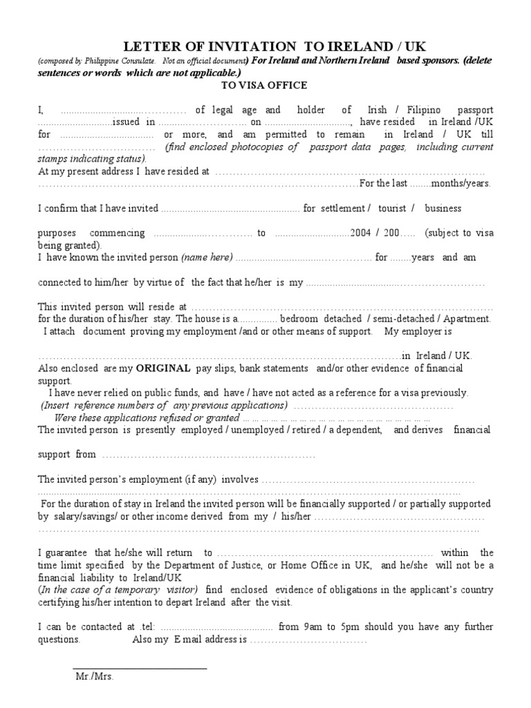 invitation letter for visa sample for a friend ireland