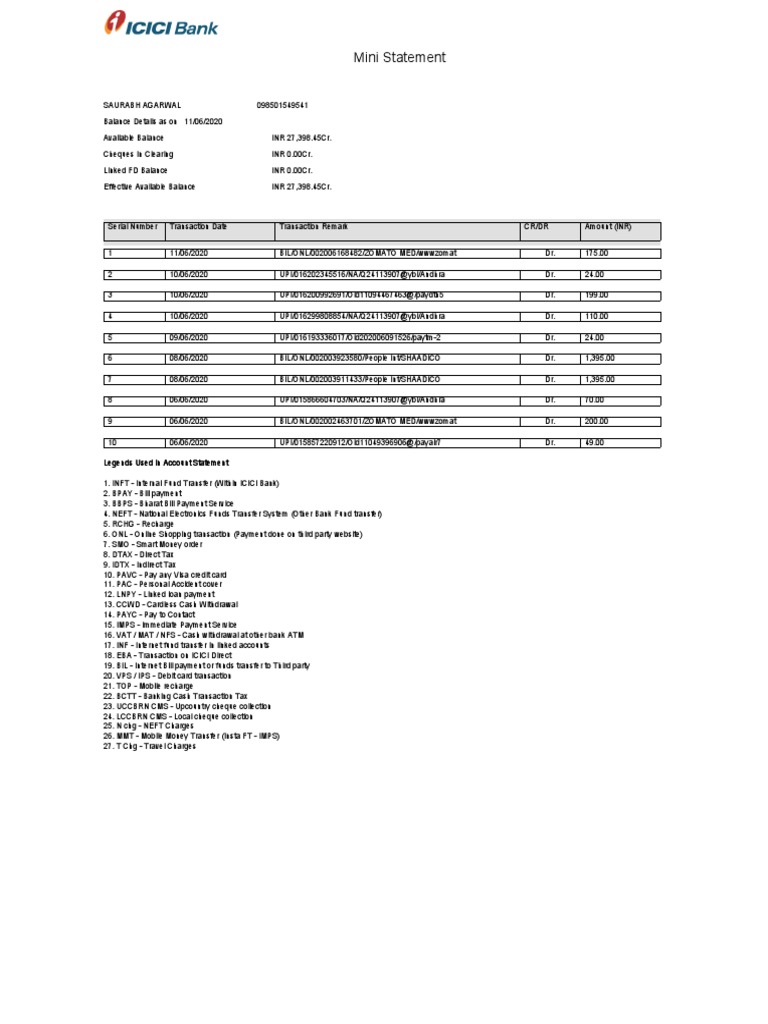 Bank Mini Statement June 2020 | PDF | Payments | Financial Transaction