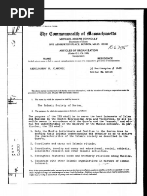 Islamic Society of Boston Articles of Organization