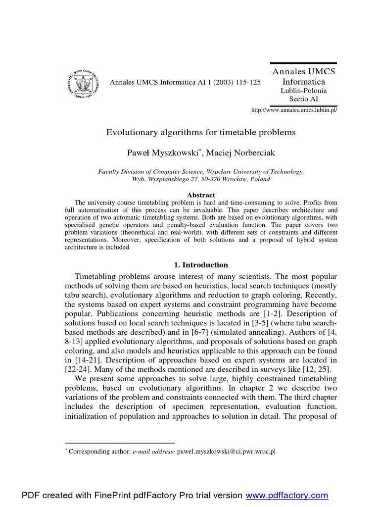 Evolutionary Algorithms for Timetabling | PDF | Mathematical ...