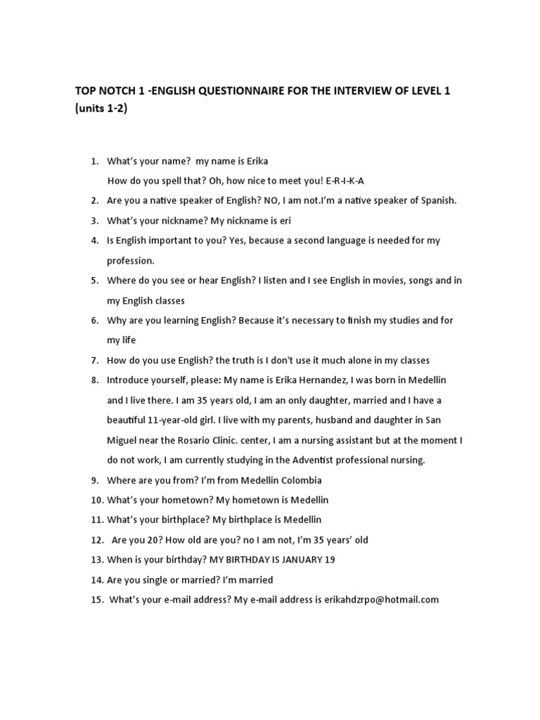 English Interview Questionnaire Level 1 | PDF | Entertainment (General)