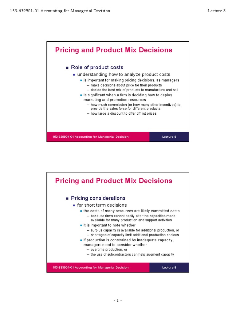 Pricing and Product Mix Decisions for Price Takers PDF Pricing