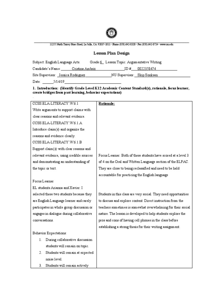 Argumentative Writing Lesson Plan Pdf Educational Assessment