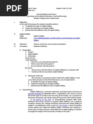 Semi Detailed Lesson Plan in Napkin Folding