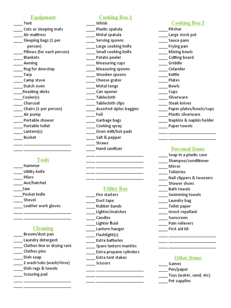 Camp Supply List PDF Tableware Home