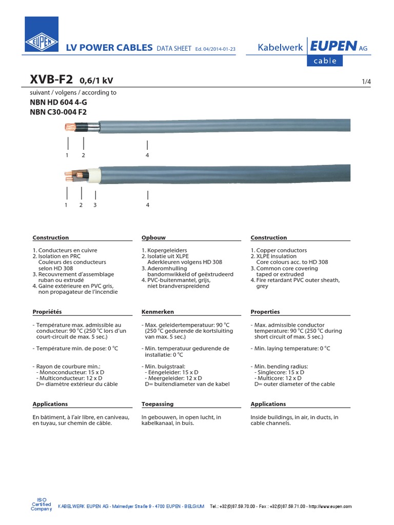 Fiche technique câble XVB-F2 0,6/1 kV | PDF | Composants électriques ...