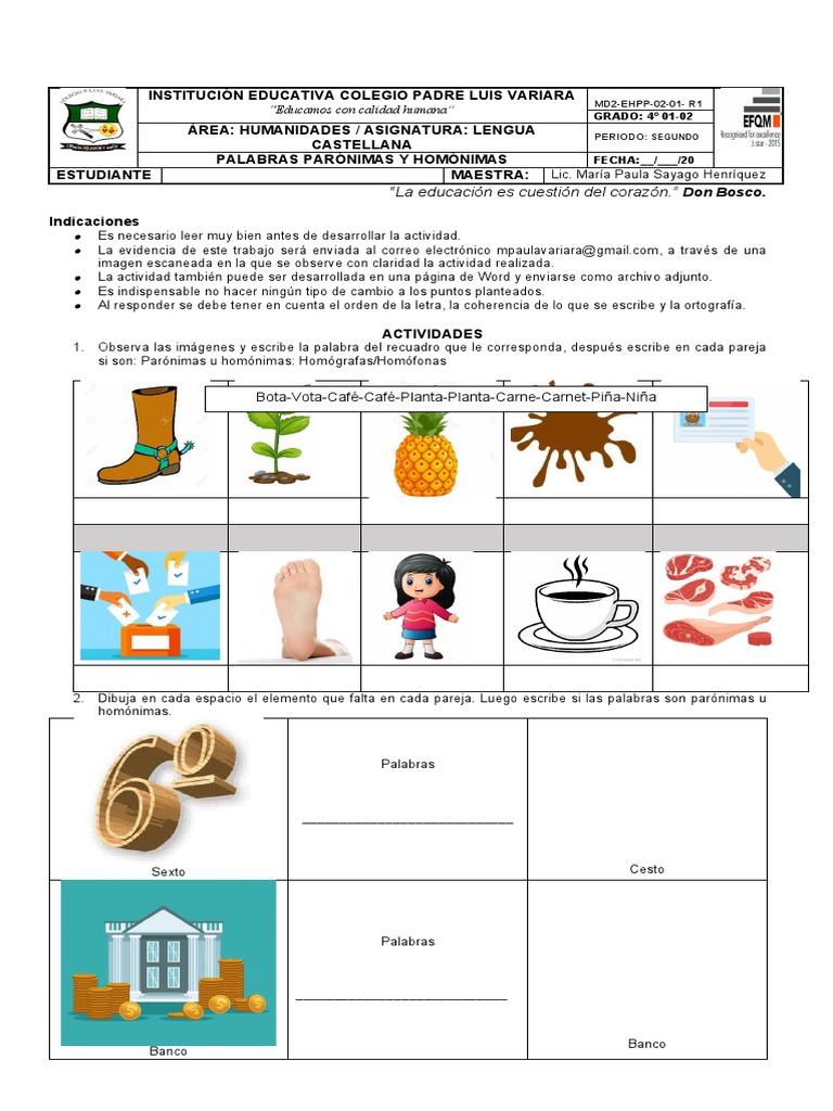 Ficha De Que Son Los Paronimos Para Cuarto De Primaria 832x598