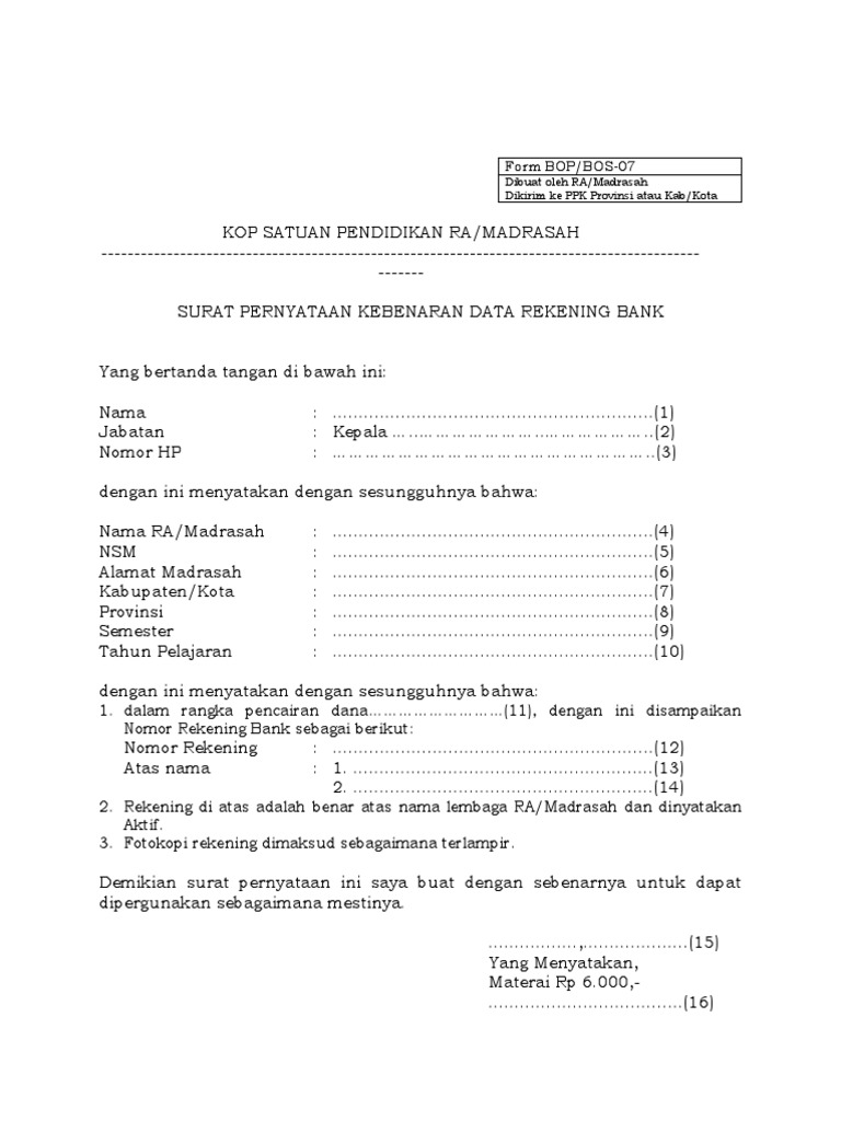 Form 07 Surat Pernyataan Kebenaran No Rek