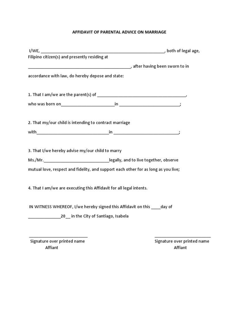 Affidavit of Parental Advice On Marriage PDF | PDF