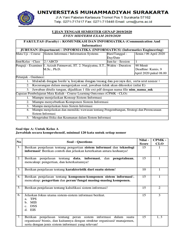Soal UTS Sistem Informasi Information Systems 06 April 2020 2 | PDF