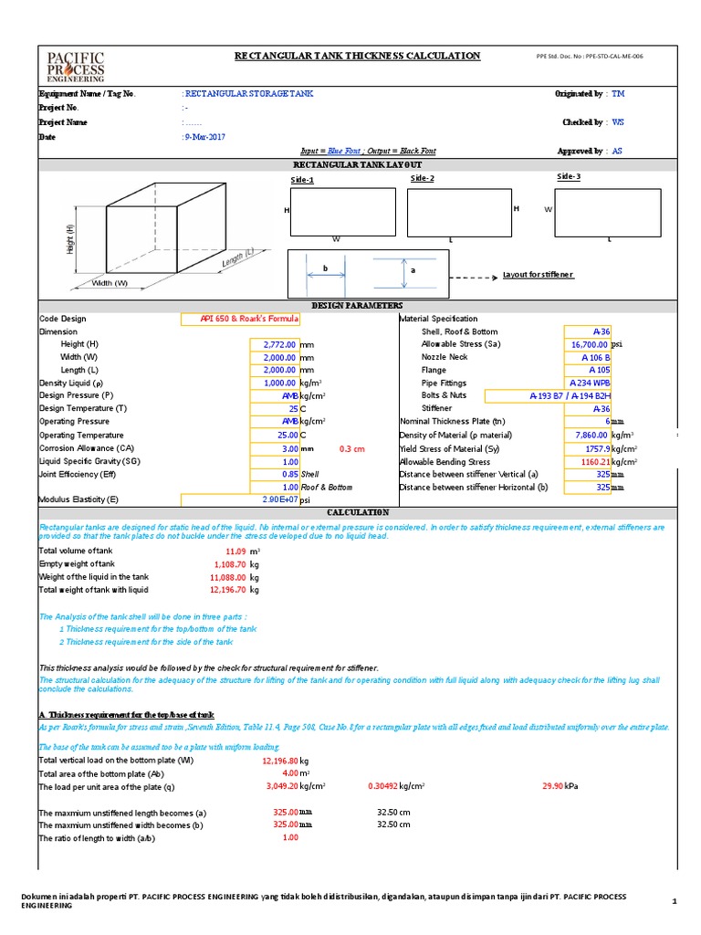 PPESTDCALME006 Rectangular Tank Thickness Calculation PDF